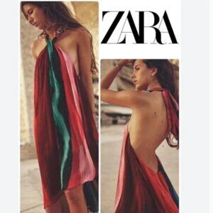 NWT ZARA BEADED HALTER DRESS OPEN BACK ASYMMETRIC BLOGGERS FAV